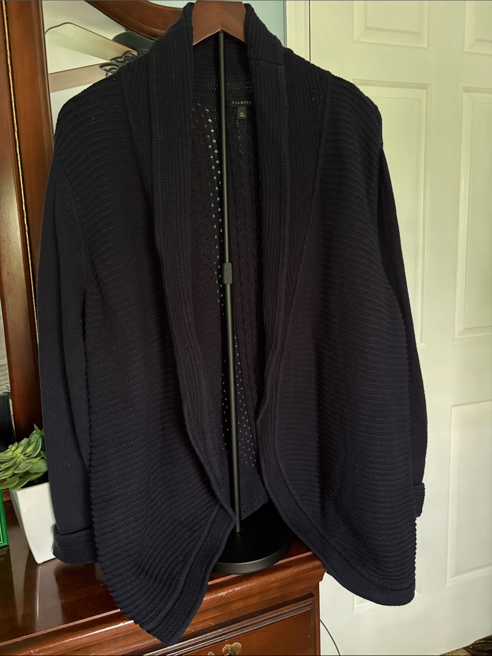 Talbots Women’s Navy Shawl-Collar Ribbed Open Cardigan